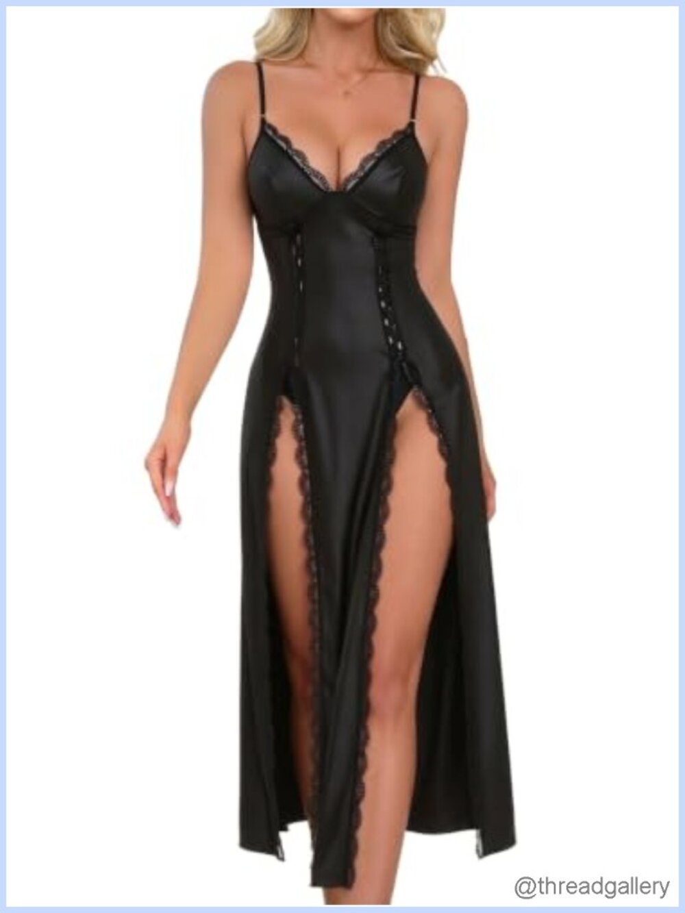 Long Lace Lingerie Dress Deep V Maxi Nightgown Polyester Spandex